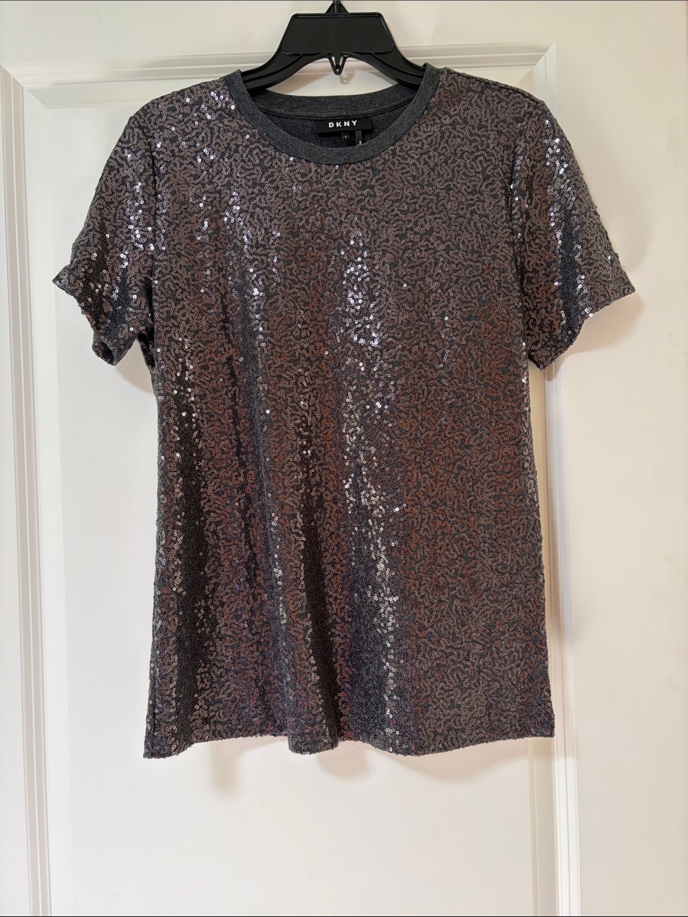 DKNY Short Sleeve Sequin Tee — Charcoal Gray